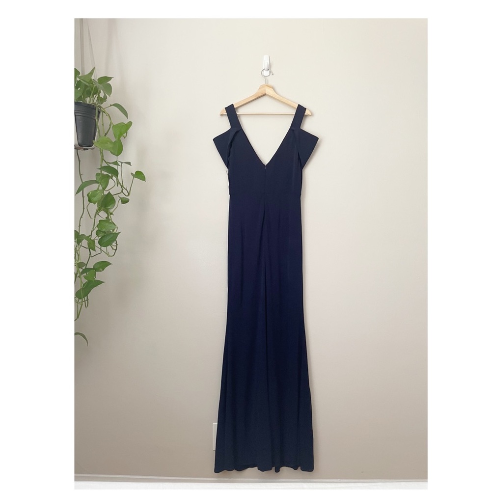 ABS by Allen Schwartz Navy Triangle Sleeve Deep V-Neck Gown - Picture 3 of 16